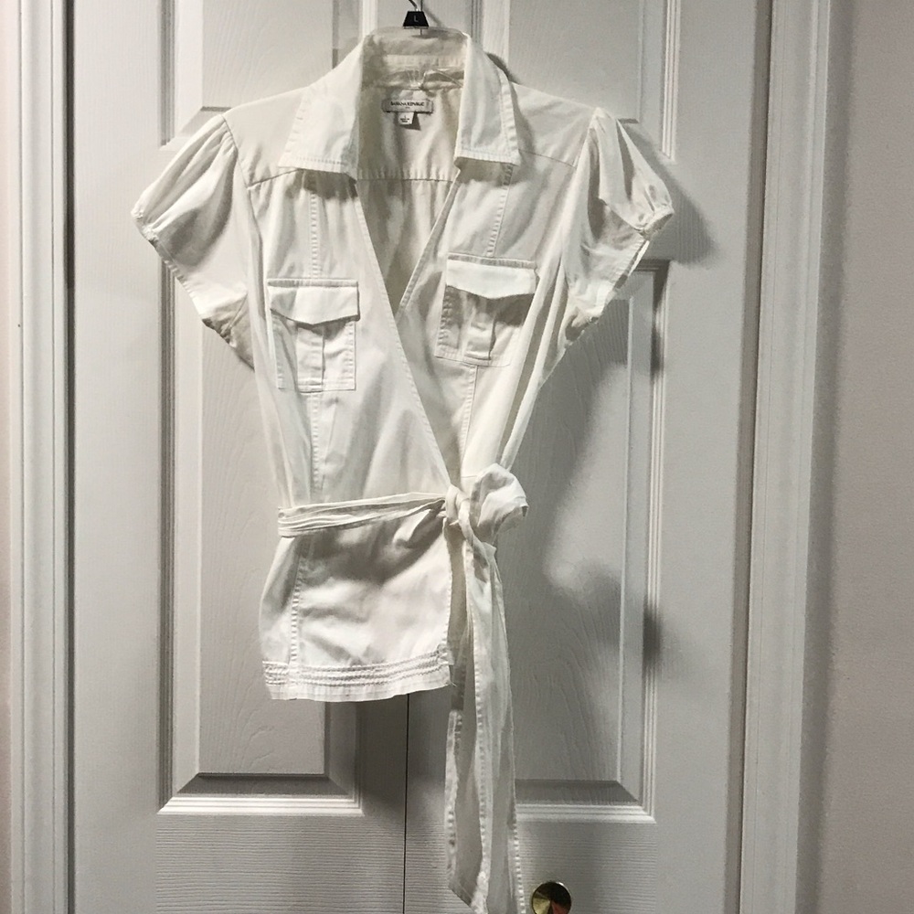 Banana Republic White Wrap Blouse Double Picket Puff Sleeve